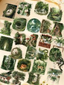 50pcs Forest Theme Green Stickers For Diary, Scrapbook, Planner, Luggage, Phone Case, Journal, Tablet, Skateboard, Guitar, Holiday Decoration, Self-Adhesive Sealing Stickers - Forest Green - View 1