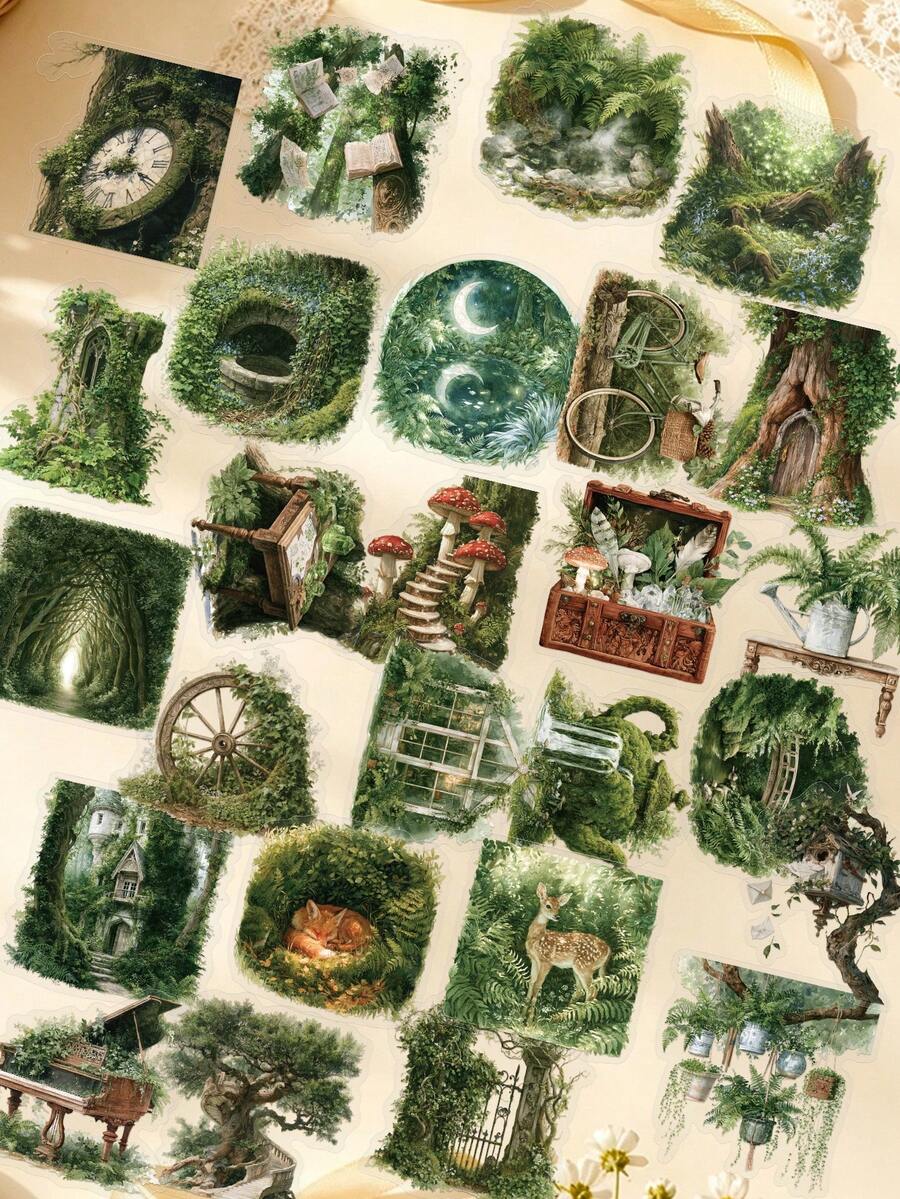 50pcs Forest Theme Green Stickers For Diary, Scrapbook, Planner, Luggage, Phone Case, Journal, Tablet, Skateboard, Guitar, Holiday Decoration, Self-Adhesive Sealing Stickers - Forest Green - View 1