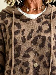 Plus Size Women's Leopard Print Hooded Pullover Sweater With Three Quarter Drop Shoulder Sleeves And Drawstring Detail, Perfect For Fall Wear - Coffee Brown - View 6