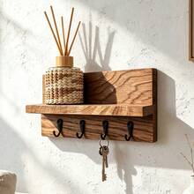 1pc Rustic Wooden Wall Mounted Key Rack With Display Shelf And 4 Hooks, Key And Small Decor Organizer Storage Rack, Bedroom Kitchen Bathroom Entryway Wall Decoration, Room Decor, Home Decor Farmhouse Style Wall Ornament - View 7