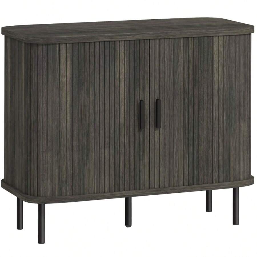 Mid-Modern Sideboard Storage Cabinet With Slatted Tambour Sliding, Kitchen Cabinet With Steel, On-Site - Grey + Engineered Wood - View 1