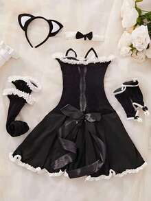 6-Piece Cosplay Nightclub Performance Uniform Set, Lace Cold Shoulder Nightgown Maid Costume Outfit, Kawaii Role Play Dress For Women - Black - View 2