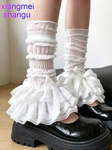 xiangmeishangu 1 Pair Lace Trim Leg Warmers, Sweet Bow Slouch Socks, Patchwork Sweet Cool Tulle Mid-Calf Socks For Summer, Suitable For Daily, Party, Performance Matching And Gifts - Multicolor - View 6