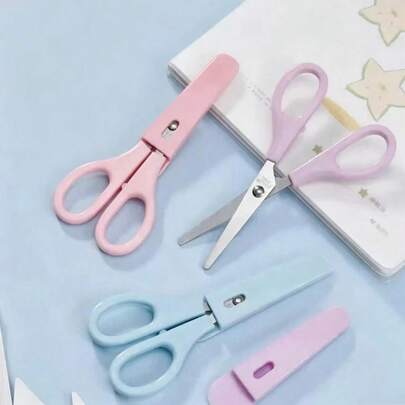 3-Color Stainless Steel Round-Tip Scissors With Protective Cover, Pink, Purple And Light Blue Portable Multi-Function Scissors, Ergonomic Design, Suitable For Office, School, Home And Craft Projects, Can Cut Fabric, Paper And Metal Wire