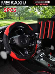 MEIKAXIU 5pcs Breathable PU Leather Diamond Mesh Steering Wheel Cover, Handbrake Cover, Gear Shift Cover, Suitable For 14.5-15 Inch Car Interior Decoration - PU Leather Mesh Style - View 1
