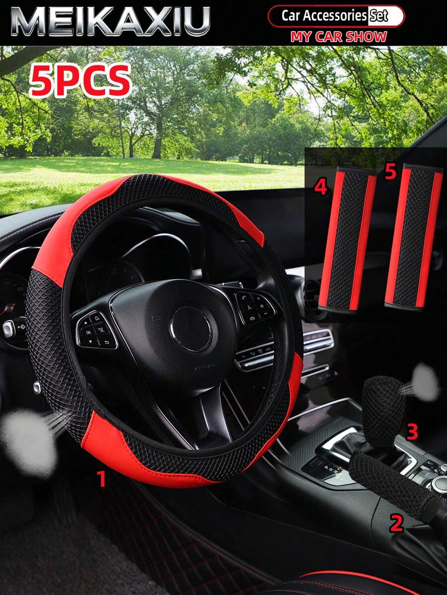 MEIKAXIU 5pcs Breathable PU Leather Diamond Mesh Steering Wheel Cover, Handbrake Cover, Gear Shift Cover, Suitable For 14.5-15 Inch Car Interior Decoration - PU Leather Mesh Style - View 1