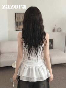 White Semi-Sheer Ruffle Trim Cami Tank Top For Women, Korean Style Summer Layering Inner Top - White - View 2
