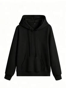 Solid Color Blank Loose Fit Sweatshirt, Minimalist All-Match Drawstring Kangaroo Pocket Pullover Sweatshirt, Street Casual Long Sleeve Top, Versatile Layering Everyday All-Match - Black - View 4