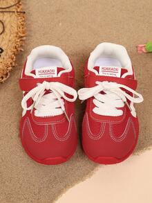 1 Pair Red Mesh Breathable Soft Sole Non-Slip Contrast Color Patchwork Front Lace-Up Hook & Loop Casual Sports Shoes Suitable For Daily Wear, Travel, Vacation, Home, Party, Outdoor, Spring/Autumn New 2026 - Red - View 3