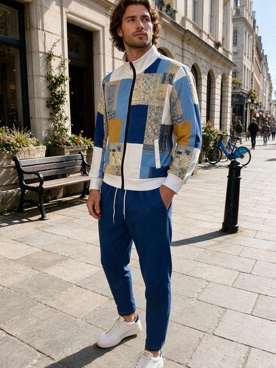 Setelan Jaket dan Celana Panjang Pria Musim Gugur/Dingin untuk Pakaian Sehari-hari Musim Gugur/Dingin, Motif Geometris Blok Warna Patchwork - MultiWarna - View 1