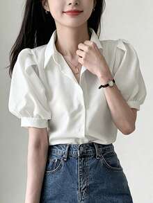 YCYC Korean Style Summer Design Fresh Versatile Minimalist Elegant Collar Petal Sleeve Blouse Women Top - White - View 3