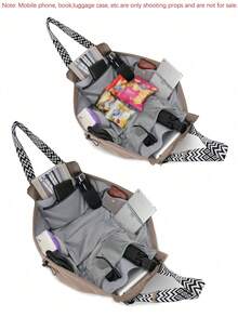 Geometric Woven Tote Bag With Wide Strap, Multi-Compartment Large Capacity For Tablet, Water Bottle And Personal Items, Zipper And Drawstring Closure, Casual Commuter Style, Multi-Pocket Shoulder Bag For Women, School, Travel And Daily Use - Khaki - View 6