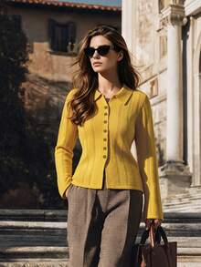DONICY Women Elegant Outfit Autumn Winter Polo Collar Knit Cardigan, Vertical Stripe Slim Short Button Down Long Sleeve Top - Mustard Yellow - View 10