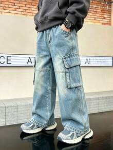 男童秋季寬鬆休閒工裝牛仔長褲，青少年大口袋復古做舊水洗設計百搭直筒長褲 - 藍色 - 查看 3