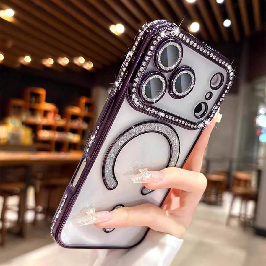 1件 Hadaasi 紫色時尚塗層亮片鑽石透明手機殼，相容 Apple 18 Pro/18 Pro Max/18/16 15 14 13 A12 11 Pro Max Plus，支援無線充電，防震保護殼，水鑽設計耐用外殼，適合時尚愛好者與 Apple 用戶，17 Pro Max Apple 手機殼 17 Pro Max Apple 無線充電手機殼