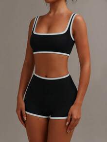 XLLAIS Contrast Trim Kint Ribbed Sports Two Pieces Women Sets Square Neck Crop Cami Top & High Waist Biker Shorts 2 Pieces Outfits, Casual Activewear Set - Black - View 4