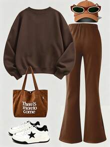 2pcs/Set Girls Parent-Child Outfit, Letter Print Sweatshirt And Flare Pants, Soft Fabric, Casual Street Style - Multicolor - View 3