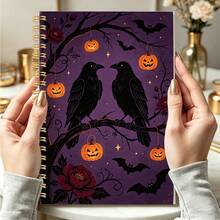 1pc A5 Spiral Bound Notebook, Retro Gothic Halloween Cover Of Ravens, Bats And Peony Flowers , Multipurpose Journal For Daily Writing And Reflection - Gothic - View 2