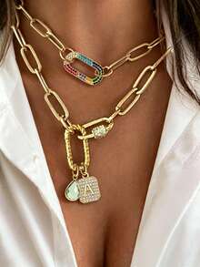 1Pc Gold Screw Buckle Double Buckle Letter Necklace, Unique Luxury Double Snap Pendant Letter Chain,Exquisite Holiday Party Gifts For Ladies' Girl - Yellow Gold - View 2
