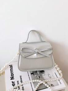 1 buah Tas Tangan Anak Perempuan Motif Pita Warna Polos Bahan PU dengan Penutup Magnet dan Tali Rantai Mutiara, Cocok untuk Penggunaan Sehari-hari di Semua Musim - A - View 13