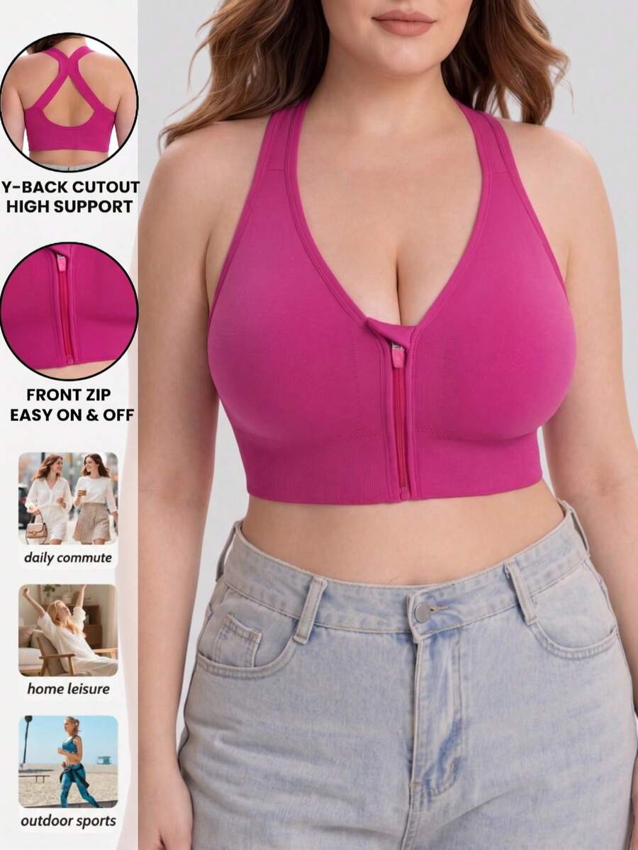 Women Plus Size Seamless Front Zip Y-Back Cutout Layering Bralette Lounge Sleep Fitness Activewear - Hot Pink - View 1