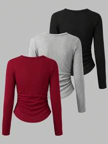 3pcs/Set Autumn/Winter Tween Girls Fashion Casual Bowknot Graphic Print Crew Neck Long Sleeve Top Undershirt - Multicolor - View 2