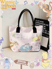 Miniso Disney 迪士尼小熊維尼帆布托特包，可愛屹耳、跳跳虎、小豬印花單肩包，附手柄，適合日常使用 - 黑色 - 查看 7
