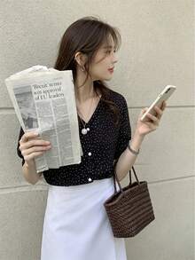 YCYC Summer Polka Dot Petal Sleeve Women's Short Sleeve Blouse - Black - View 4
