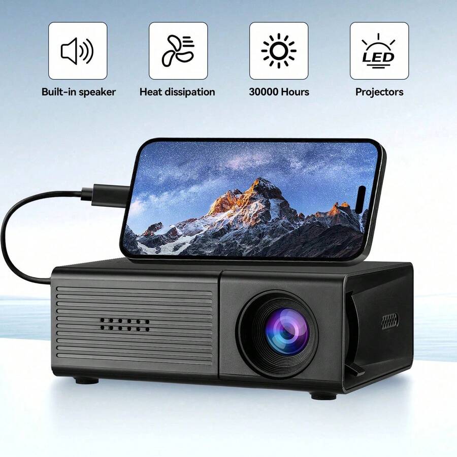 Compact LED Mini Projector, Supports Wired Phone Screen Mirroring, USB Powered Portable Home Theater Projector, Built-In Speaker, Suitable For Movies And Outdoor Use, Compatible With Smartphones And Laptops, PD Cable Only, No Plug Or Power Adapter Included - Black - View 1