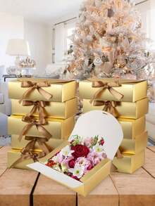 50pcs Gold Gift Box With Lid, Bridesmaid Invitation Gift Box, Luxurious Gold Ribbon Gift Box, Wedding Gift Box, Birthday Gift Box, Party Gift Box, Bridesmaid Gift Box, Graduation Gift Box, Valentine's Day Gift Box - Gold - View 7