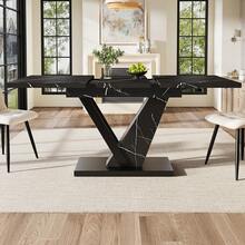 Dining Table Telescopic Table (120-160*75cm), Extendable Table, Extendable To 120-160cm With Aid Of Internal Insert Panels, Kitchen And Living Room, Dining Table With Black Marble Pattern - Black + MDF - View 2