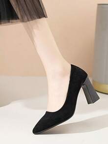 1 Pair Black Suede Pointed Toe Women's High Heels, Professional Work Commute Versatile Pumps, Mid-Heel Chunky Heel, PU Material Suitable For All Seasons - Black - View 3