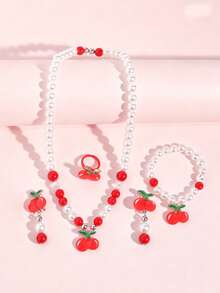 5pcs/Set Sweet Red Strawberry Pendant Faux Pearl Beaded Children's Jewelry Necklace Bracelet Ring Ear Clips Set For Daily Wear - one-size - View 5