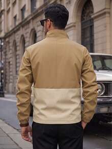Men's Cargo Style Style Colorblock Stand Collar Jacket, Khaki Contrast Cuffed Sleeve Casual Versatile Spring/Autumn Jacket - Khaki - View 3