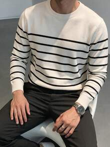 Men's Striped Crew Neck Long Sleeve Knit Base Layer, Casual Slim Fit Suitable For Daily Wear And Layering - White - View 2