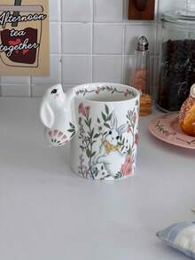 Flower Rabbit, Rabbit Ear Handle Cup, Fun Cup, Cute Rabbit Ear Handle, Suitable For Daily Office Use, Such As Coffee, Juice Or Milk, Applicable For Home, Office Or Restaurant, Holiday Back To School Season Gift, Exquisite Souvenir Gift - Multicolor - View 6