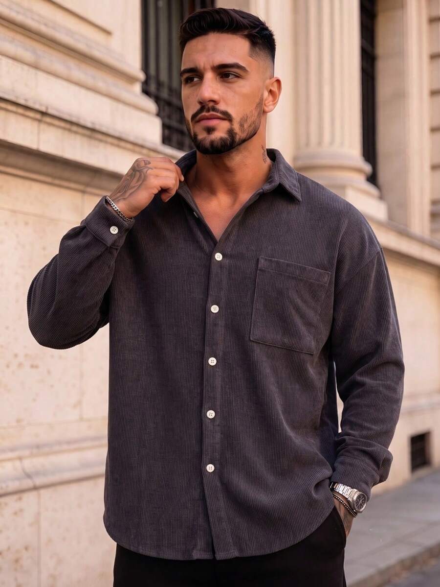 Lookun Casual Men's Neutral Style Spring Summer Autumn Winter Long Sleeve Button-Up Loose Fit Shirt, Minimalist Commuter Top - Grey - View 1