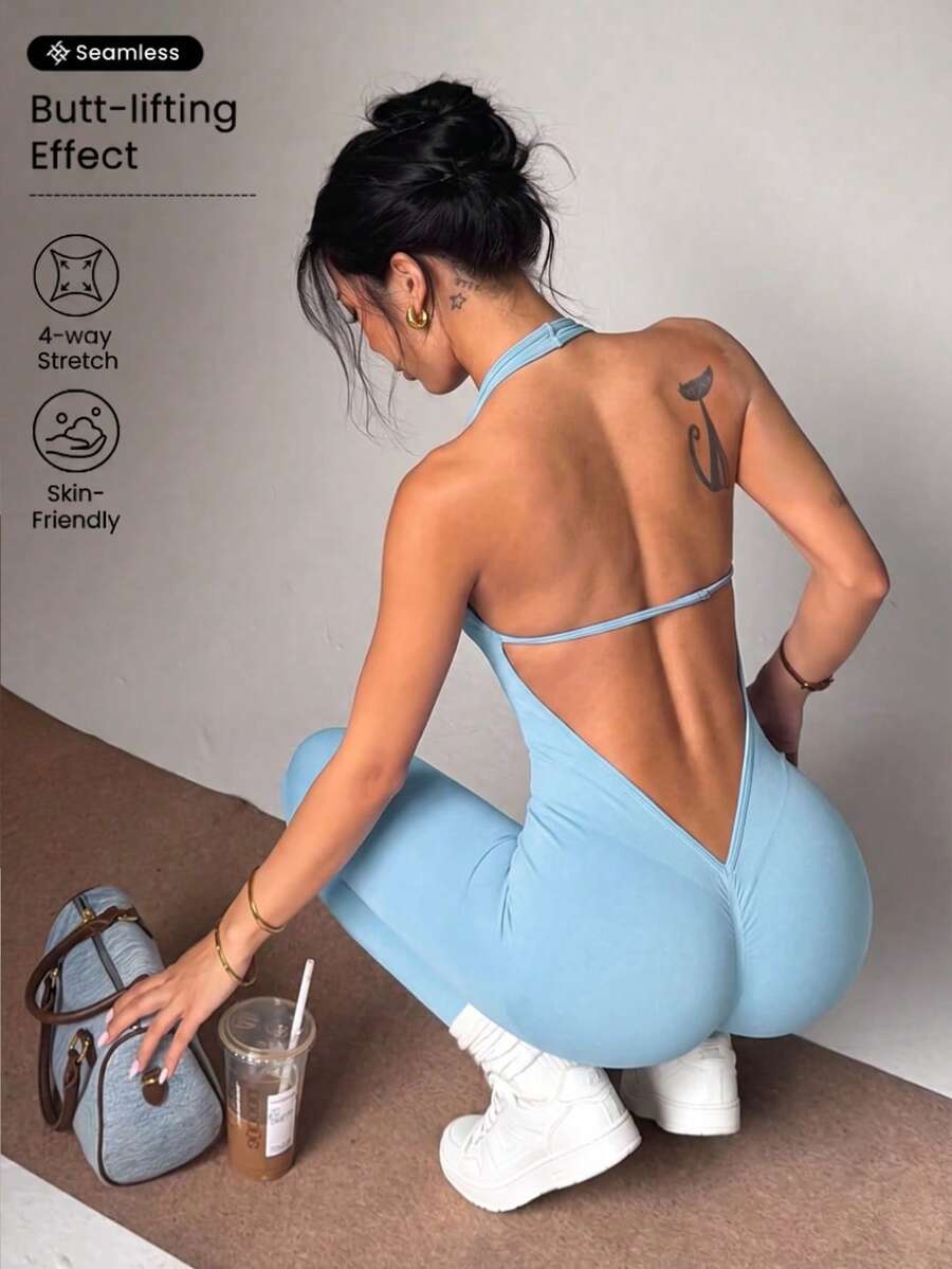 女款無縫瑜伽連身褲 高彈力 收腹顯瘦 運動連身褲 透氣舒適 夏季運動 - 淺藍色 - 查看 1
