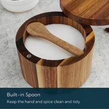 Acacia Wood Salt Cellar With Built-In Spoon, Dust-Proof; Elegant Kitchen Salt Container With Rotating Magnetic Lid, Suitable For Storing Pepper, Spices, Bath Salts, Sea Salt, Etc., 6oz - Khaki - View 3