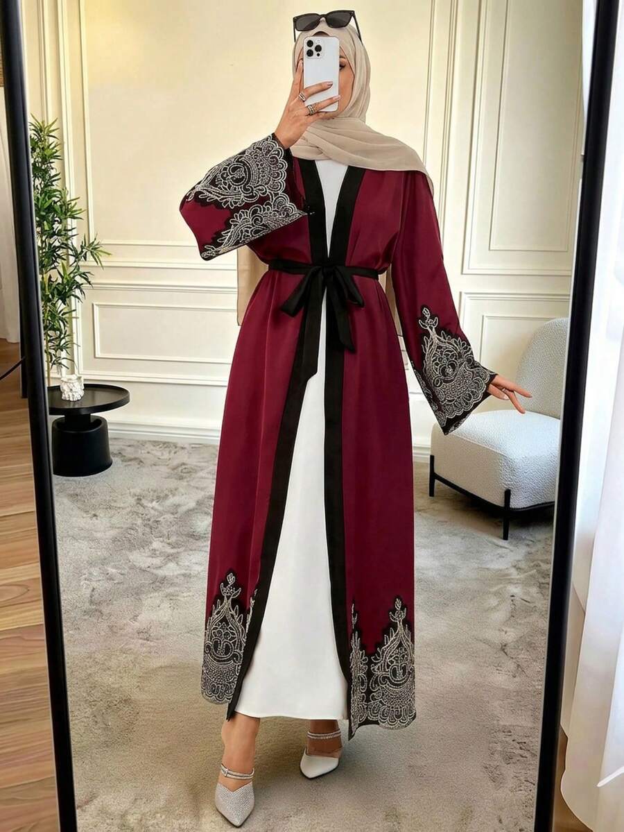 女士花卉贴花装饰长袖优雅阿拉伯长袍，金色蕾丝拼接，端庄长袍，波西米亚风，度假，海滩度假