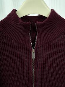 Women's Plus Size Autumn Zip-Up Cardigan - Casual Fashion Short Jacket, Lantern Sleeve & Small Stand Collar Design, Medium Stretch, H-Shaped Silhouette, Suitable For Autumn/Winter, Ribbed Details, Cardigan Style, Essential Autumn/Winter Outerwear - Purple - View 5
