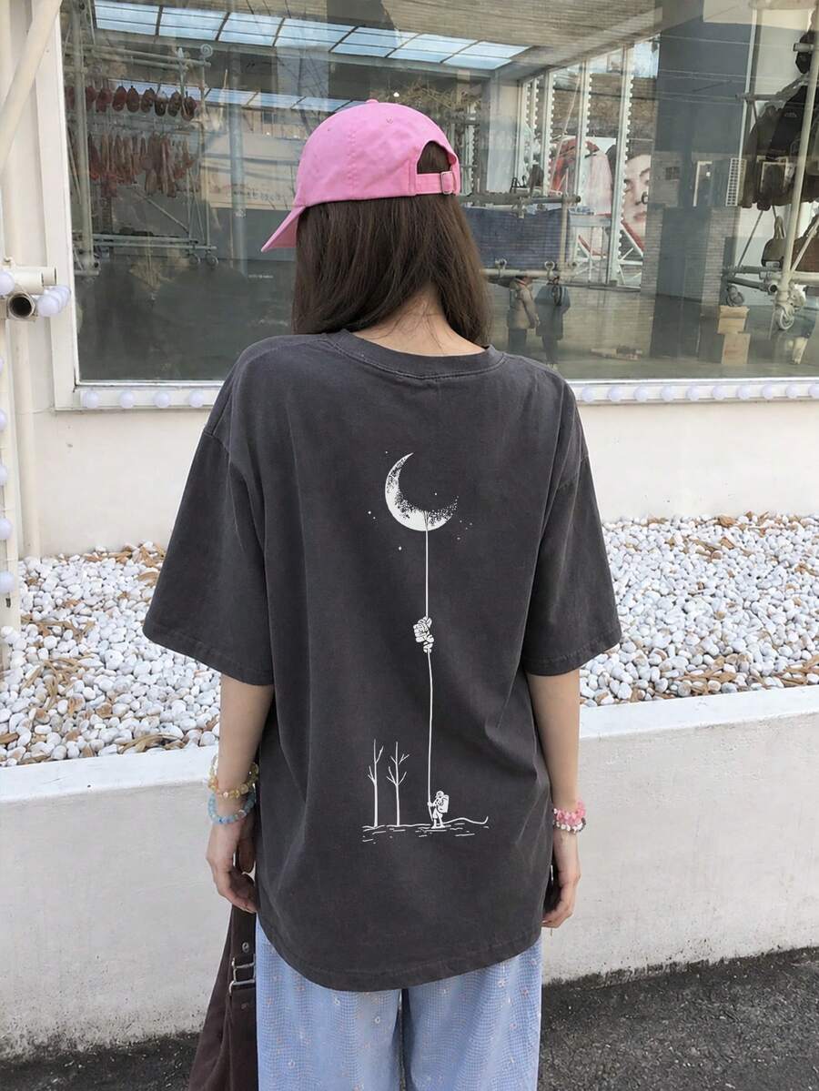 女款時尚夏季寬鬆卡通印花短袖T恤休閒風 - 深灰色 - 查看 1