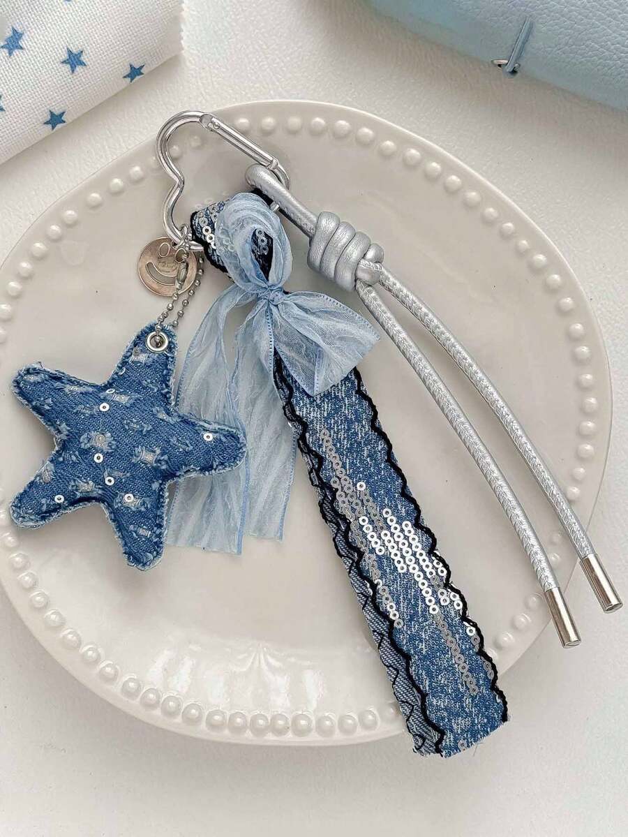 1pc Cute Denim Star Keychain, Sequin Star Bag Charm With Ribbon Bow And Carabiner Clip, Y2K Fashion Pendant For Backpack And Handbag - Multicolor - View 1
