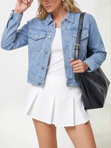 Minimalist Commuter Style Short Denim Jacket, Women's Lapel Multi-Button Double Pocket Casual Long Sleeve Jacket - Light Wash - View 5