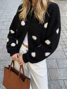Women's Autumn/Winter Casual Polka Dot Thick Cardigan - Black - View 7
