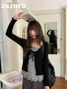 Women's Autumn 2 In 1 Patchwork Long Sleeve Base Layer Top With Frill Trim Cardigan Style - Black - View 9