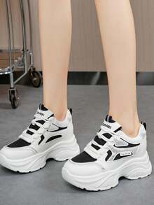 Cool Black & White Contrast Rhinestone Chunky Sneakers, Breathable Mesh & Leather Upper, Thick Sole Height Increase, Comfortable Foot Feel, Versatile Casual Sports Shoes For Daily Shopping And Outings - Black - View 1