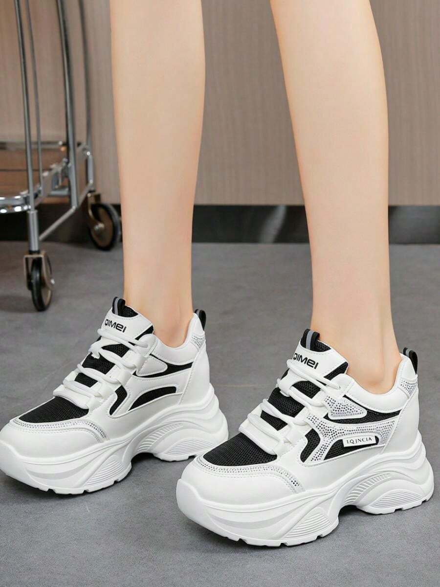 Cool Black & White Contrast Rhinestone Chunky Sneakers, Breathable Mesh & Leather Upper, Thick Sole Height Increase, Comfortable Foot Feel, Versatile Casual Sports Shoes For Daily Shopping And Outings - Black - View 1