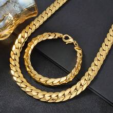 2pcs Classic Minimalist Thick Chain 11mm Necklace & Bracelet Set, Casual Streetwear Style For Men - Gold - View 1
