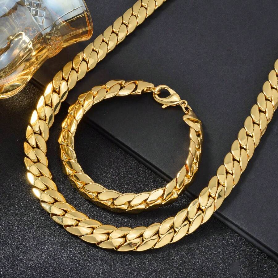 2pcs Classic Minimalist Thick Chain 11mm Necklace & Bracelet Set, Casual Streetwear Style For Men - Gold - View 1